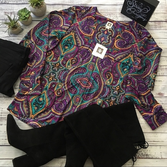 Button Up Long Sleeve V Neck Paisley Blouse - Picture 2 of 6